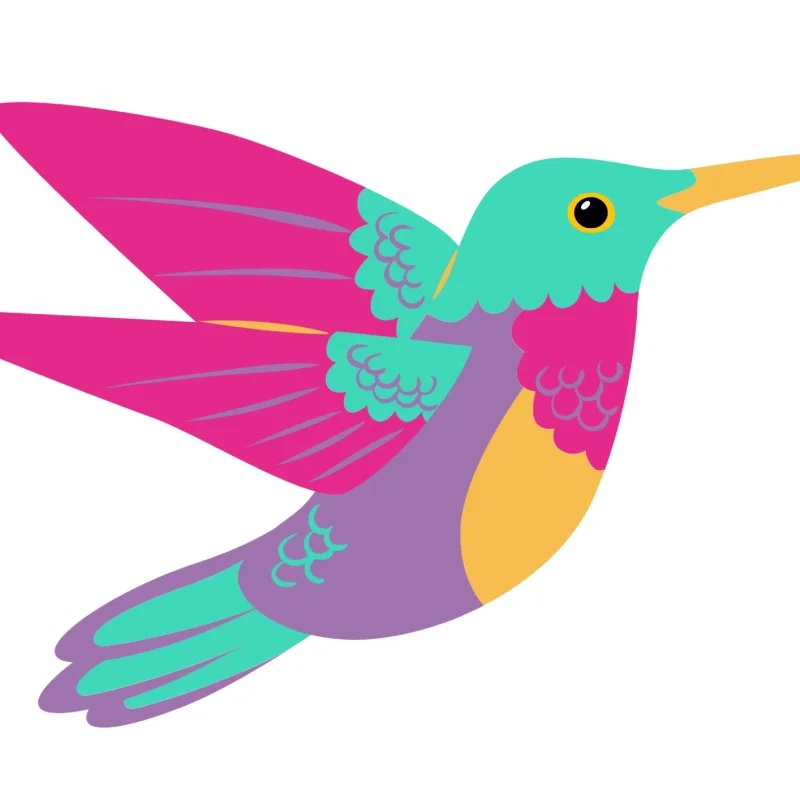 Charly le colibri, mascotte du kit Polychromia : illustration d'un colibri coloré en vol, aile rose vif, corps turquoise et violet, bec jaune